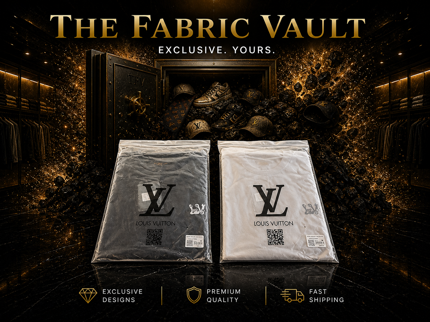 Two designer inspired packages with 'The Fabric Vault' branding and text on a dark background.