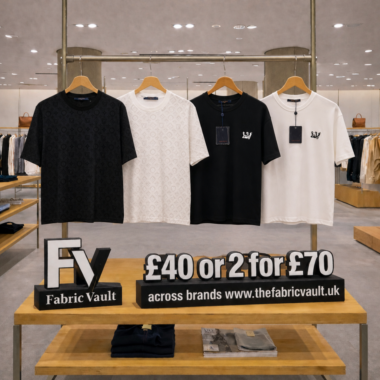 Display of t-shirts with promotional signs for Fabric Vault in a store setting.